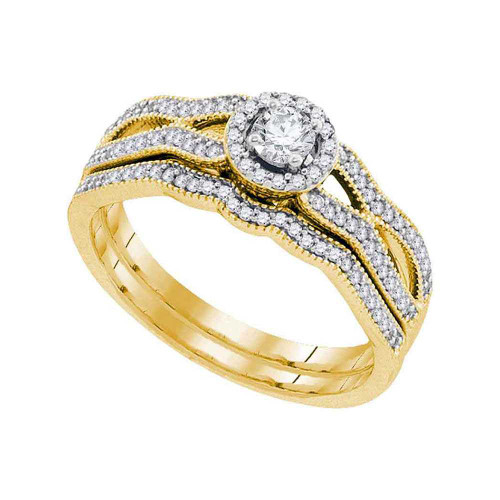 Image of 10kt Yellow Gold Round Diamond Milgrain Bridal Wedding Ring Band Set 3/8 Cttw