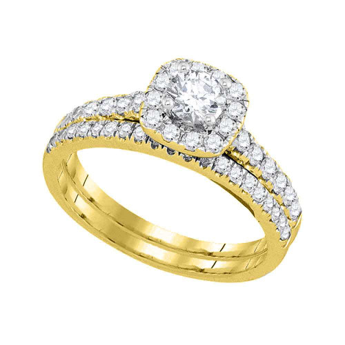 Image of 14kt Yellow Gold Round Diamond Halo Bridal Wedding Ring Band Set 1 Cttw 93794