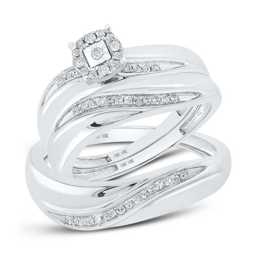 Image of 10k White Gold Round Diamond Mens Womens Trio Matching Halo Wedding Bridal Ring Set 1/5 Cttw