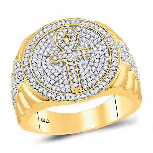 Image of 10kt Yellow Gold Mens Round Diamond Ankh Cross Cluster Ring 3/4 Cttw