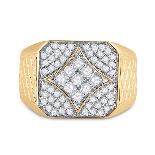 Image of 10kt Yellow Gold Mens Round Diamond Square Cluster Textured Ring 3/4 Cttw
