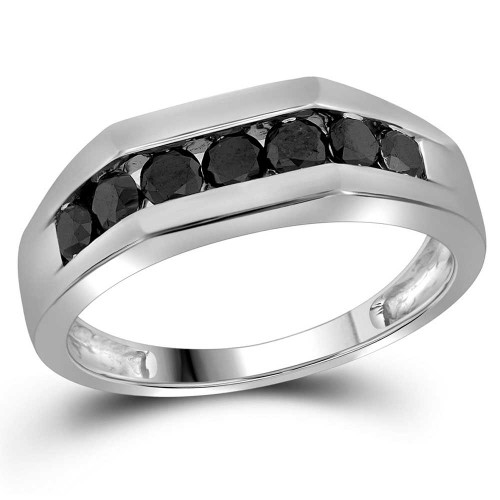 Image of 10kt White Gold Mens Round Black Color Enhanced Diamond Wedding Band Ring 1 Cttw