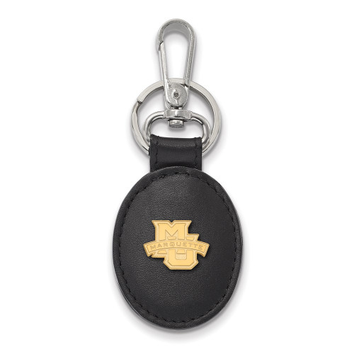 Gold-plated Sterling Silver LogoArt Marquette University Blk Leather Oval Key Chain