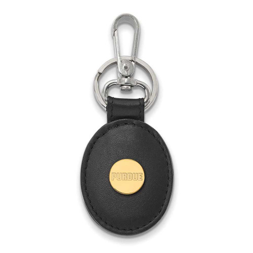Image of Gold-plated Sterling Silver LogoArt Purdue Black Leather Oval Key Chain GP013PU-K1