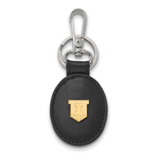 Image of Gold-plated Sterling Silver LogoArt University of Illinois Black Leather Oval Key GP053UIL-K1