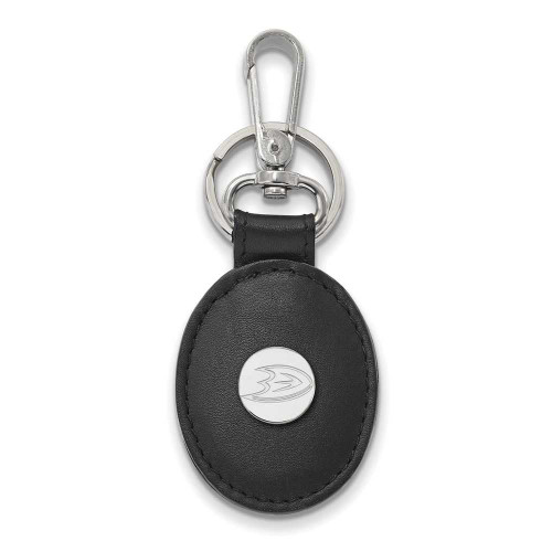 Image of Sterling Silver Rhodium-plated NHL LogoArt Anaheim Ducks Black Leather Oval Key Chain