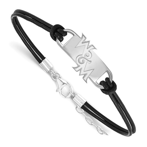 Sterling Silver Rhodium-plated LogoArt College of William and Mary Black Leather 7 inch Bracelet with Extender