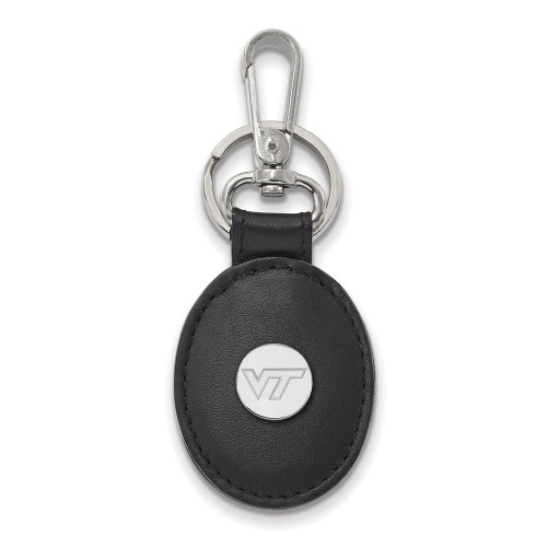 Sterling Silver Rhodium-plated LogoArt Virginia Tech Black Leather Oval Key Chain