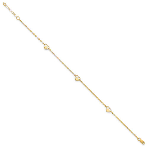 14K Yellow Gold Polished Heart 9in Plus 1in ext Anklet