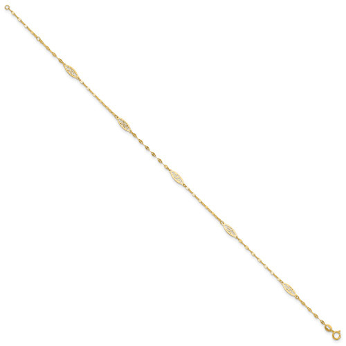 Image of 14K Yellow Gold Polished Fancy Filigree Link 9in Plus 1 in ext. Anklet