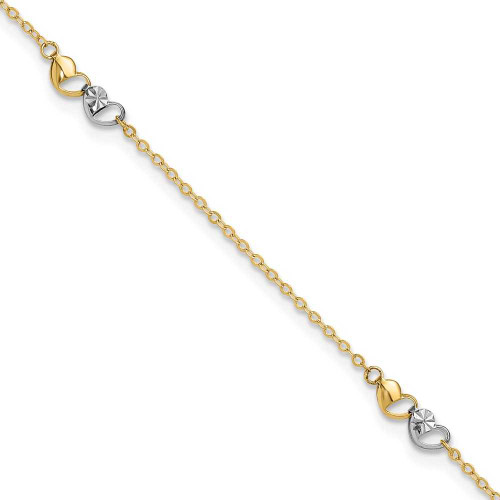 Image of 14k Two-tone Gold Polished and Diamond-cut Hearts 9in Plus 1in ext. Anklet