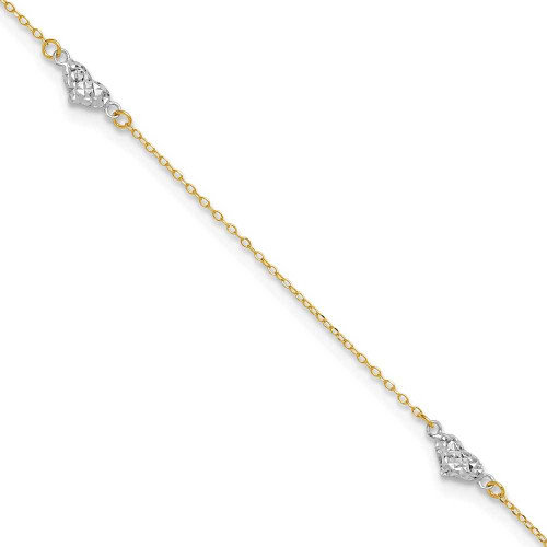 Image of 14k Two-tone Gold Polished Diamond-cut Triple Hearts 9in w/1in. Ext. Anklet