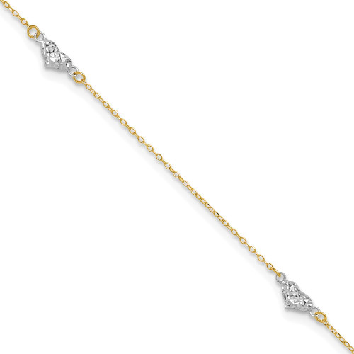 14k Two-tone Gold Polished Diamond-cut Triple Hearts 9in w/1in. Ext. Anklet