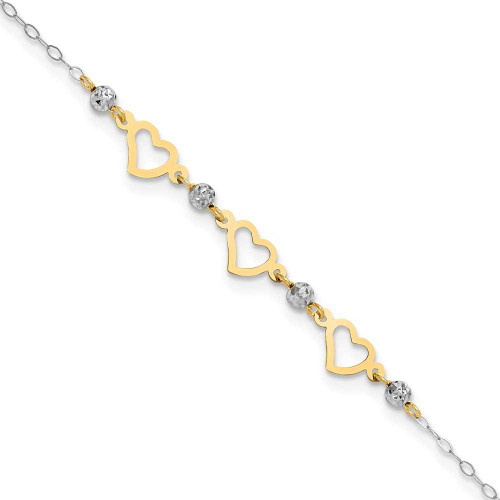 Image of 14K Two-tone Gold Oval Link Diamond-cut Beads and Heart 10in Plus 1in Ext Anklet
