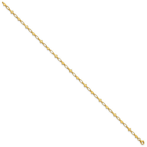 Sterling Silver Gold-tone 10 inch Heart and Cross Anklet