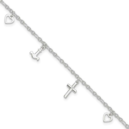 Image of Sterling Silver Cross Heart and Anchor 10in Plus 1in ext Anklet