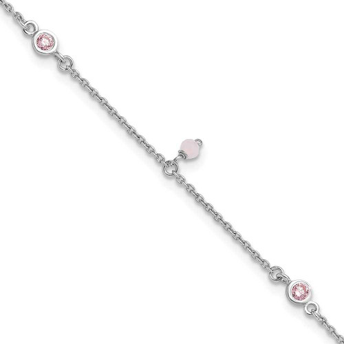 Image of Sterling Silver Pink CZ and Glass Beads 9in Plus 1in ext Anklet