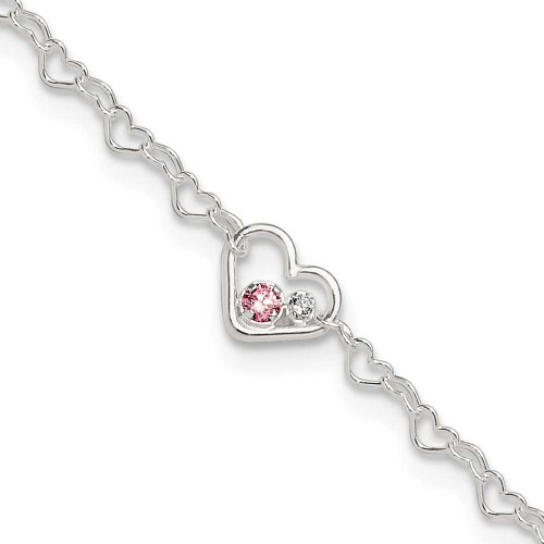 Image of Sterling Silver Polished CZ Heart Link 9in Plus 1in ext. Anklet