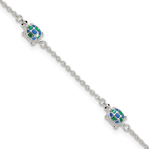 Image of Sterling Silver Polished Enamel Turtle 10in Plus 1in ext Anklet