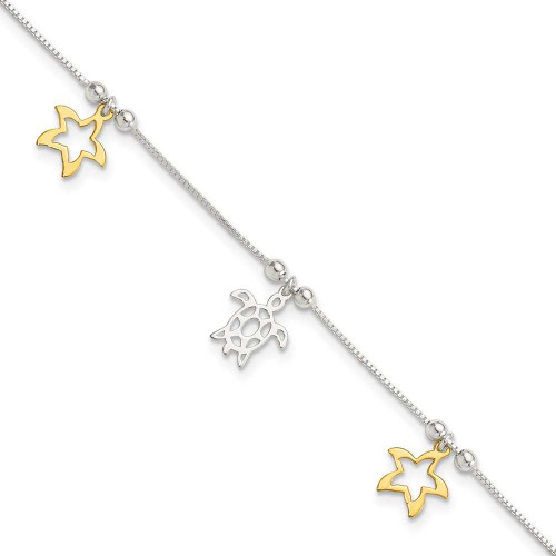 Image of Sterling Silver Gold-tone Turtle and Starfish 9in Plus 1in ext Anklet