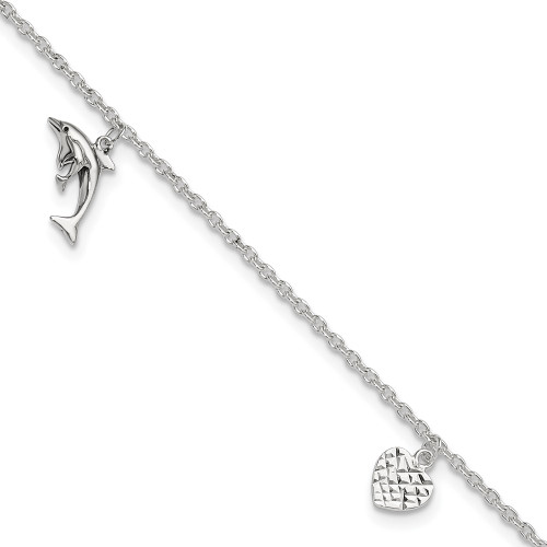 Sterling Silver Polished Heart Star and Dolphin 10in Plus 1in ext. Anklet