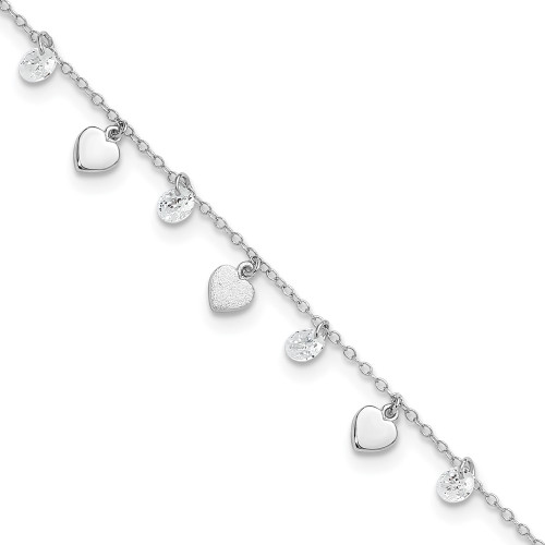 Sterling Silver Rhodium-plated Polish and Brushed Heart CZ 8.75in Plus 1inExt An