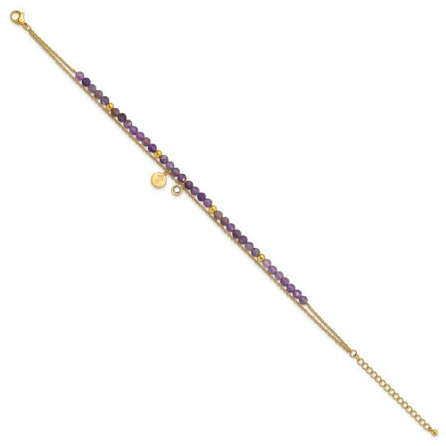 Image of Chisel Stainless Steel Polished Yellow IP-plated Amethyst and Crystal Cross 9 inch Anklet Plus 2 inch Extension