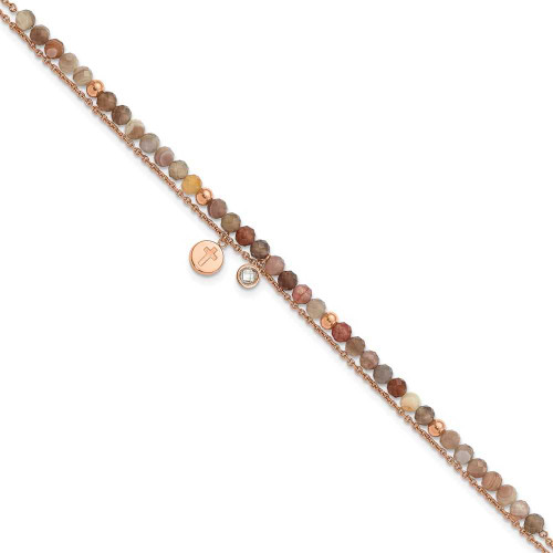 Image of Chisel Stainless Steel Polished Rose IP-plated with Crystal and Imitation Sardonyx Cross 9 inch Anklet Plus 2 inch Extension