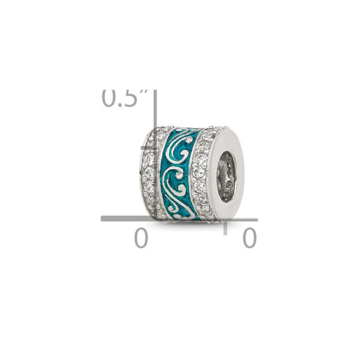 Image of Sterling Silver Reflections Polished CZ Teal Enameled Scroll Bead