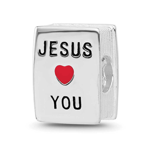 Image of Sterling Silver Reflections Rhodium-plated Enamel & CZ Cross Jesus Loves You Square Bead
