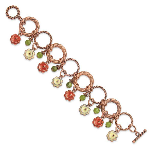 Image of 1928 Jewelry Copper-tone Textured Link Orange and Light Green Enamel Flower Green Acrylic Bead Dangles 7 inch Toggle Bracelet