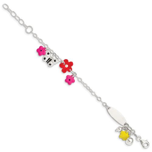 Sterling Silver Polished & Textured Multi-color Enameled Floral Butterfly with 1 Inch Extension Childrens ID Bracelet