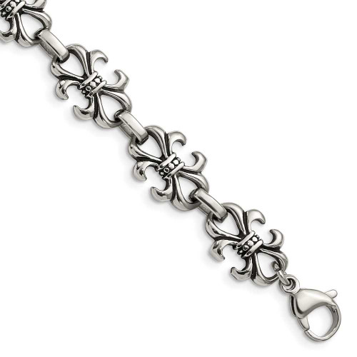 Image of Stainless Steel Antiqued and Polished Fleur de Lis 8.25in Bracelet