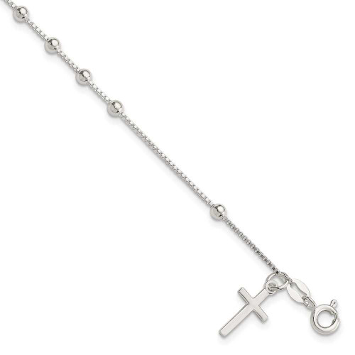 Image of Sterling Silver Polished Beaded Cross 7.25in Bracelet