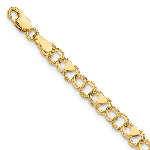 14K Yellow Gold Double Link with Hearts Charm Bracelet DO499-8