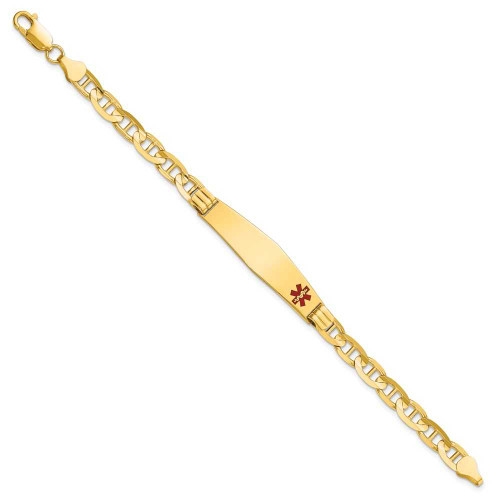 Image of 14K Yellow Gold Medical Soft Kite-shape Red Enamel Anchor Link ID Bracelet XM575FC-7