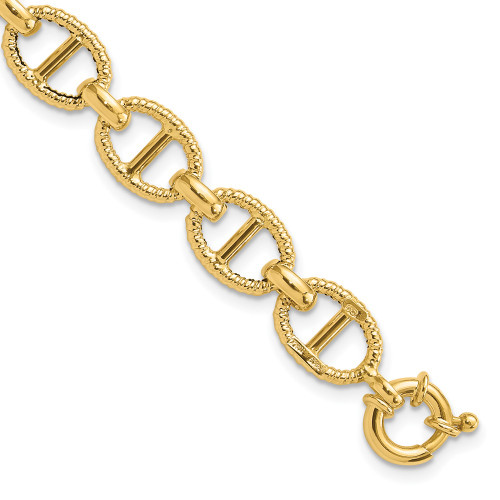 14K Yellow Gold Polished & Textured Fancy Link Anchor 7.25 in Bracelet