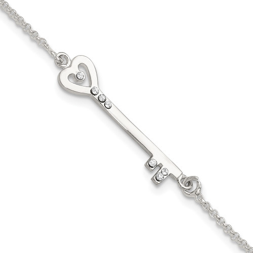 Sterling Silver Polished CZ Heart Key Bracelet