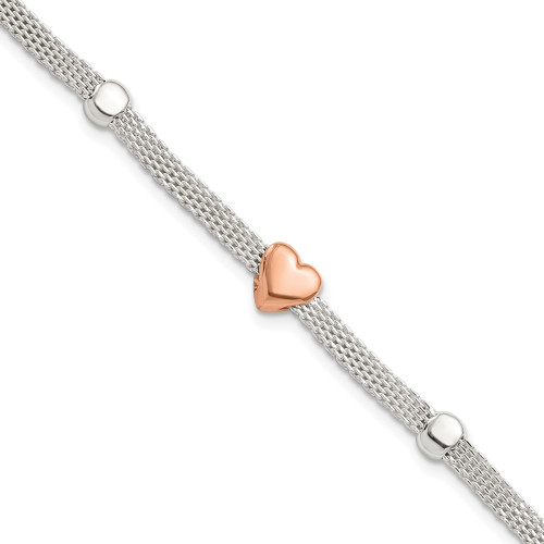 Sterling Silver Polished Rose-plated Heart Bracelet