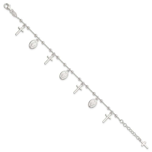 Image of Sterling Silver Polished w/1in ext Cross Miraculous Medal Bracelet