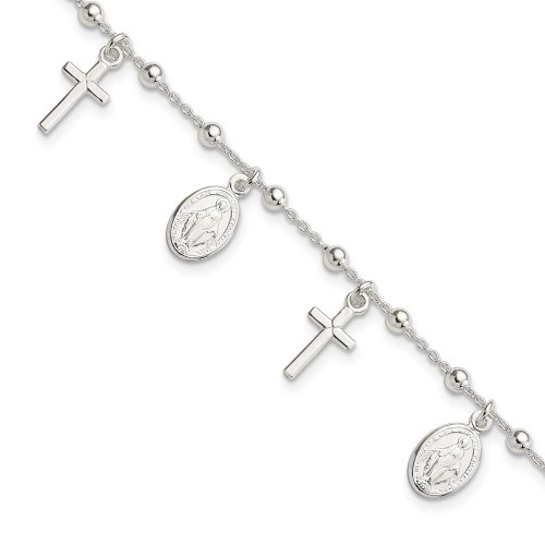 Image of Sterling Silver Polished w/1in ext Cross Miraculous Medal Bracelet