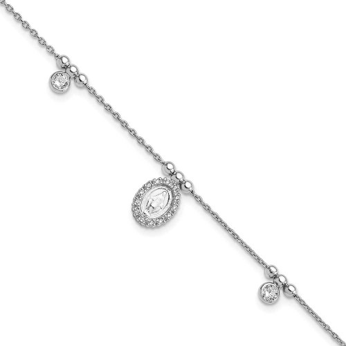 Image of Sterling Silver Rhodium-plated CZ Miraculous Medal w/1in ext. Bracelet