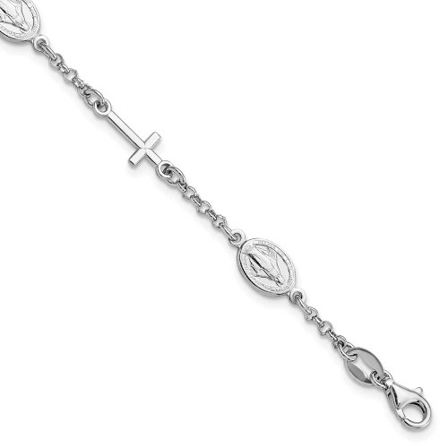 Image of Sterling Silver Rhodium-plated Cross Miraculous Medal 6in w/1in ext Bracelet