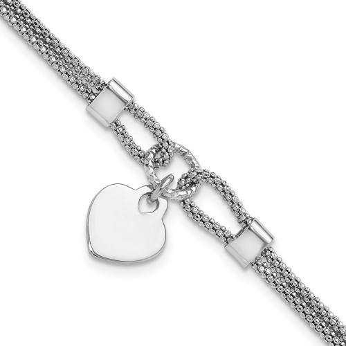 Sterling Silver Rhodium-plated Polished Heart Dangle 6.5in 1.5in ext Bracelet