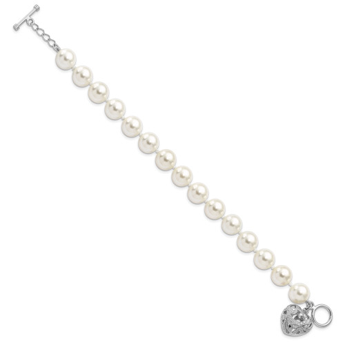 Majestik Sterling Silver Rhodium-plated 10-11mm White Simulated Pearl with Heart Hand-knotted Bracelet