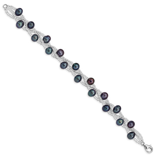 Sterling Silver Rhodium-plated 7-9mm Black Freshwater Cultured Pearl & Glass Beaded Bracelet
