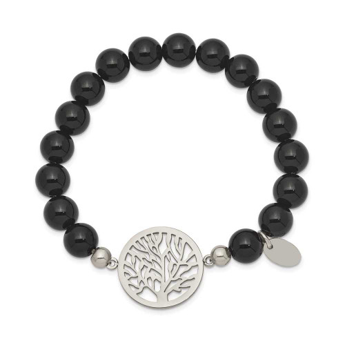 Image of Chisel Stainless Steel Polished Tree of Life 8mm Black Agate Beaded Stretch Bracelet