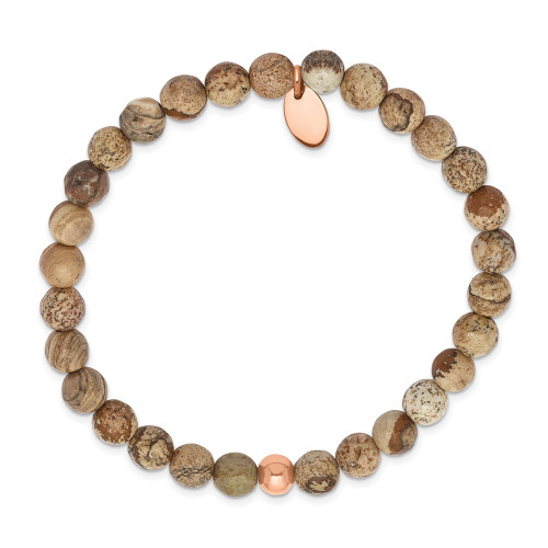 Chisel Stainless Steel Polished Rose IP-plated 6mm Brown Jasper Beaded Stretch Bracelet