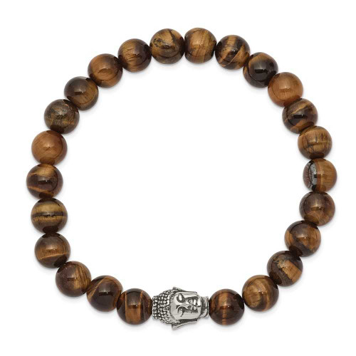 Image of Chisel Stainless Steel Antiqued and Polished Buddha 8mm Tigers Eye Beaded Stretch Bracelet