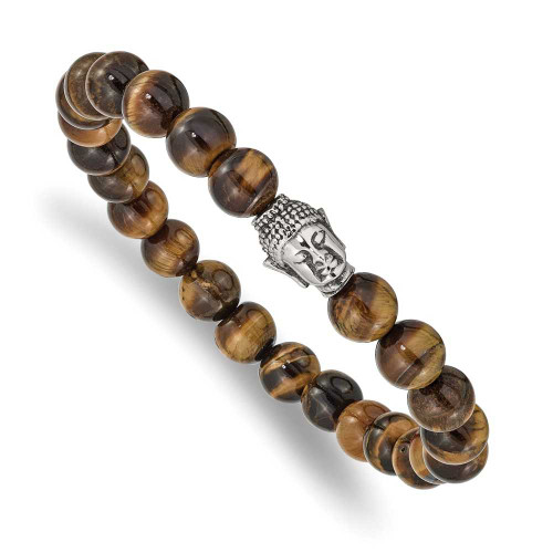 Image of Chisel Stainless Steel Antiqued and Polished Buddha 8mm Tigers Eye Beaded Stretch Bracelet